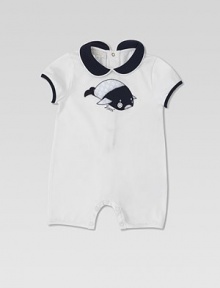 An embroidered whale patch with GG print adds a splash of color to this cozy one-piece for baby.Peter Pan collar with silk pipingShort sleevesBack snapsBottom snaps92% cotton/8% elastaneHand washMade in Italy Please note: Number of snaps may vary depending on size ordered. 