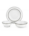 Set the table with poise and purpose. The Library Lane collection features tailored platinum bands on white china that bring black tie elegance to any meal. Round serving bowl shown right.