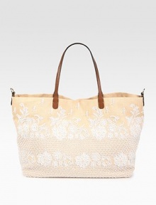 Stash your essentials in this roomy silhouette of woven straw finished with gorgeous lace embroidery.Leather double top handles, 8¾ dropTop snap closureProtective metal feetOne inside zip pocketTwo inside open pocketsCotton lining15¾W X 12H X 7½DMade in Italy