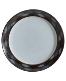 A handsome addition to casual dining, this Sienna dessert/salad plate features a glazed white surface and matte mocha rim with shimmering blue ellipses.