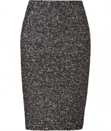 Channel the sultry librarian look in this super chic knit pencil skirt from Tara Jarmon - Fitted silhouette, multicolor textured knit, back slit, concealed back zip closure - Pair with a tie-neck blouse and heels