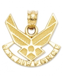 Honor a courageous member of the U.S. Air Force with this symbolic charm. Crafted in 14k gold, charm features a textured and polished design. Chain not included. Approximate length: 3/5 inch. Approximate width: 3/5 inch.