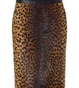 Bring rock n roll glam to your day-to-night style with this luxe leopard print calf hair skirt from Joseph - Leather waistband, pencil silhouette, leopard print calf hair, zip pockets, back vent concealed side zip closure - Pair with a tie-neck blouse, a blazer, and platform heels