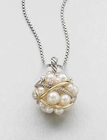 From the Pearl Collection. This elegant style features a bubble of luminous pearls accented with dazzling diamonds and wrapped in sterling silver and 18k gold on a sterling silver box chain. 3.5mm-7mm white round freshwater pearlsDiamonds, .12 tcw18k goldSterling silverLength, about 32Pendant size, about 1.25Lobster clasp closureImported 