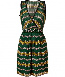 Give your look a vivid uplift in Missoni Ms green-multi zigzag knit dress, perfect for taking from the office to city cocktails - Wrapped V-neckline with black knit trim, sleeveless with textural contrast black knit trim, tonal knit waistband, pull-over style - Form-fitting top, full skirt - Wear with heels and a bright leather handbag