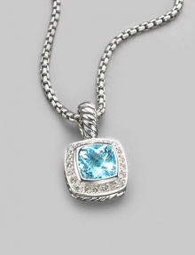 From the Petite Albion Cushion Collection. A softly hued, richly faceted blue topaz, surrounded by pavé diamonds on a chain of sterling silver. Diamonds, 0.20 tcw Blue topaz Sterling silver Chain length, about 17 Pendant width, about ¼ Lobster clasp Made in USA