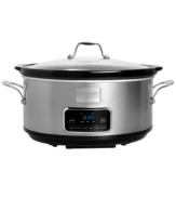 Forget space issues-this 7-qt. slow cooker has an attractive and innovative design that makes the most of your countertop. Ready to conquer every meal from small to large, this programmable kitchen helper wows with an easy-to-use timer, 6 one-touch options-from buffet to soup- and a 3-hour auto keep warm feature. 1-year warranty. Model FPCP07D7MS.