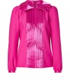 Spectacularly chic and retro-inspired, this shocking pink top from Anna Sui adds a stylish impact to every look - Pleated Peter Pan collar, long puff sleeves with gathered cuffs, decorative pintuck-detailed front, slim fit, concealed back zip closure - Style with skinny jeans, cropped trousers, or a pencil skirt