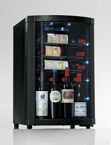 This refrigerator displays your wines and dispels your fears about storing opened bottles. A convex-shaped door with a built-in shelf holds four bottles upright. Digital temperature control maintains ideal conditions for both reds and whites!