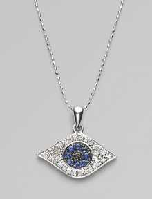 The iconic symbol of protection, in 14k white gold with black and white pavé diamonds and blue sapphires, on a white gold ball chain. Diamonds, 0.26, tcw Sapphires 14k white gold Chain length, about 16 Pendant width, about ½ Lobster clasp Imported