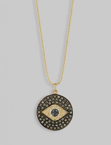 Believed by many cultures to be an amulet that protects one from harm, the evil eye is even more powerful when encrusted with diamonds, as in this shimmering 14k gold medallion with an iris of sapphires. 14k gold oval ball chain 0.45 tcw diamonds 0.03 tcw sapphires About ½ diam. medallion 16 long chain Lobster claw clasp Imported