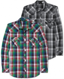 Pop in some plaid. This short-sleeved shirt from LRG enlivens your weekend wardrobe.