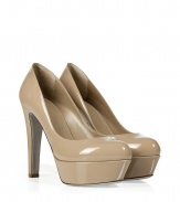 With a neutral hue, these patent leather platform pumps from Sergio Rossi bring a stylish statement to any look - Round toe, front platform, high heel - Style with skinny jeans, slim trousers, or a figure-hugging cocktail sheath