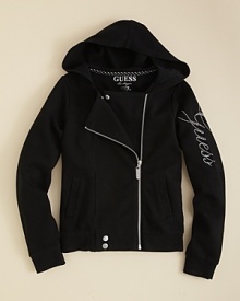 A classic hoodie the GUESS Kids' treatment, adding an asymmetrical zip front closure and logo hardware with rhinestone accents.