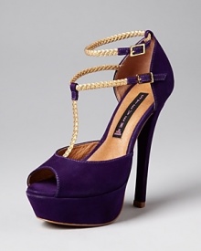 Greek goddess: Gold braided leather straps add dressed-up appeal to suede platform pumps; from STEVEN BY STEVE MADDEN.