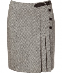 Stylish skirt in fine wool-viscose blend in elegant salt and pepper - Slim cut with decorative asymmetrical pleating, decorative buttons and leather clasp at waist - Professional mid-thigh length - Favorite basic for the office with matching blazer and silk blouse or with thin sweater and heels