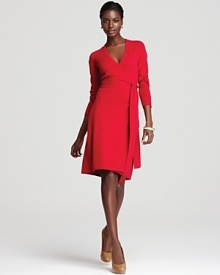 DIANE von FURSTENBERG's signature wrap dress gets a menswear-inspired sweater-knit construction and so-now red-hot color.