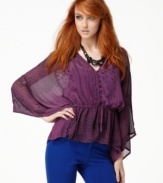 Geometric details add a hint of print to this sheer chiffon Bar III tie blouse -- layer to contrast heavier fall fabrics!