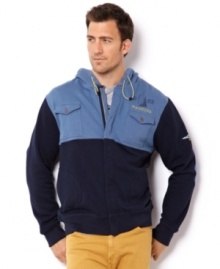 Turn hoodie style on its head with this button placket hoodie with chest pockets and colorblocking from Nautica.