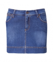 Must-have classic denim skirt of fine stretch cotton - Relaxed look with slightly faded blue wash and classic stitching detail - Sexy silhouette is narrow and mini-length - Zip and single-button closure - Features belt loops and two, flattering back pockets - Pair with leather thong sandals and a simple sleeveless silk blouse