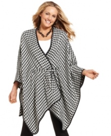 Charter Club's poncho is a no-fuss topper for cooler days. The belt offers a secure and flattering fit, while the sophisticated houndstooth print is right on trend.