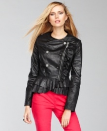 Moto-inspired zippers up the ante on a pretty petite peplum jacket from INC. Coated fabric and collarless styling give this topper added edge.