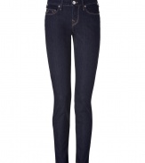 Detailed with just the right amount of stretch for an ultra flattering fit, True Religions dark wash Halle Lonestar skinny jeans are essential for casual cool looks - Classic five-pocket style, button closure, belt loops - Team with chunky knits and ankle boots, or dress up with breezy silk tops and heels