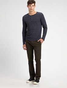 Sporty pinstripes lend color and character to a soft layering essential. Henley placket Cotton Machine wash Imported 