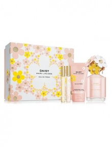 Daisy Eau So Fresh is the new, playfully spirited fragrance from Marc Jacobs. A bubbly, fruity floral with sparkling raspberry, sunny wild rose, and a touch of plum. Set includes: 4.2 oz. Eau de Toilette Spray, 5.1 oz. Luminous Body Lotion, 0.34 oz. Eau So Fresh Eau de Toilette Rollerball and 0.34 oz. Daisy Eau de Toilette Rollerball.