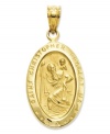 Commemorate the patron Saint of transportation. This intricate medal charm features a divine depiction, as well as the words: Saint Christopher Protect Us in 14k gold. Chain not included. Approximate length: 1 inch. Approximate width: 6/10 inch.