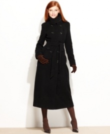 Military-inspired details and a chic button-tab collar elevate Calvin Klein's wool-blend maxi coat for true warmth with serious style.