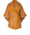 Exquisitely detailed with a finish of radiant textural fringe, Ermanno Scervinos wool twill cape is an ultra luxe take on contemporary outerwear - Notched lapel, draped 3/4 sleeves, hidden snapped front, flap pockets, buttoned sides, woven belted waistline - Draped silhouette, tailored at the waist with a matching double buckle leather-lined belt - Team with favorite skinnies and flawless boots