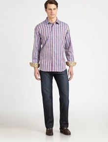 This colorful plaid design has contrast trim on the turn-back cuffs for an unexpected update.Point collar Button front Long sleeves with button cuffsCottonDry cleanImported