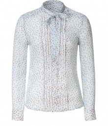 Elegant blouse in fine, pure pale blue printed silk - Slim-cut button down style with tie neck and pleated front - Small collar and long sleeves, hem hangs slightly longer in the back - Feminine and chic, perfect for both work and play - Pair with wide leg trousers or a high waisted skirt and platform pumps