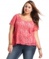 A sheer delight: Soprano's short sleeve plus size top, featuring a lace front!