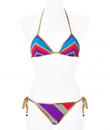 Stylish bikini in fine, multicolor nylon stretch blend - Vibrant and retro-chic in purple, blue and red with gold piping - Triangle top with adjustable cups ties at back and nape of the neck - Bikini brief ties at hips and offers full coverage at rear - Sleek and sexy, perfect for the pool or your next beach getaway - Wear solo or pair with a caftan and wedge sandals