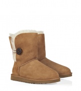 A stylish twist on a venerable classic, the Ugg Australia chestnut Bailey Button boot is a welcome addition to your cold weather casual wardrobe - Crafted from twin-faced sheepskin and featuring exposed seams, reinforced heel, traction outsole and signature Ugg label - Wooden button and elastic band closure - Fleece-lined for superior warmth and comfort - Traditional mid-calf height - Truly versatile, perfect for pairing with everything from skinny jeans to yoga pants to miniskirts