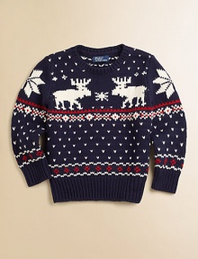 A classic crewneck pullover is updated in a reindeer intarsia knit that is perfect for the colder months.Ribbed crewneckLong sleeves with ribbed cuffsPullover styleRibbed hemCottonMachine washImported