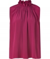 Conjure Parisian cool with this elegant and ultra-feminine, raspberry-hued Vanessa Bruno blouse - Crafted from a sumptuously soft, pure silk - Slim-cut sleeveless style with gently pleated front and gathered stand-up collar - Polished and chic, seamlessly transitions from work to weekend - Pair with a pencil skirt or suit trousers by day, and with skinny denim or leather pants by night