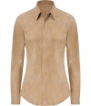 Luxurious top made ​.​.of fine, pale brown sheep suede - Tremendously smooth and exclusive quality leather - Narrow-waisted blouse silhouette with a classic collar and long sleeves - Hidden button placket - Favorite shirt for many occasions from business to evening events - Pair with wide-cut pants, pencil skirts, or casual wear and jeans