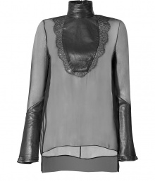 Luxurious shirt in fine silk/leather mix - by Givenchy, THE new hip French couture label for a cool and modern classic - outstanding soft high material - top quality in elegant black - hip feminine stand-up collar and long slim sleeves - ultra figure hugging cut and slightly longer - totally eyecatching leather inlays at the collar, neck and sleeves - pairs as top with an elegant pencil skirt - with a bra underneath very sexy with leather pants