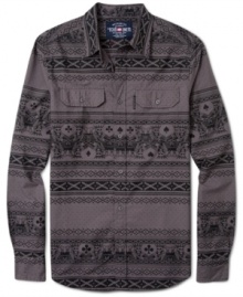 Stylish mens long sleeve fitted graphic collared shirt by Ecko Unltd works with dark slacks or dark jeans.