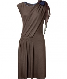 Luxurious dress in fine brown wool and silk - Elegant Lady chic, with refined draping - The cut is slim and feminine, with a blue piped round neckline and pretty bow on the shoulder - Sleeveless - Comfortable, mid thigh length - A dreamy basic for work, a nice lunch, an opening - Wear with platform pumps, sandals, booties