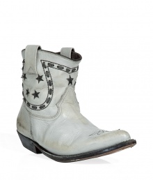 Classic American cowboy boots get funky in white, stitched leather - Short shaft with wide pulls and decorative Texas-style star stitching - Traditional rounded tip and angled, wooden heel - Vintage feel creates sought-after lived in look - Wear with sexy mini-dress or flowing sundress