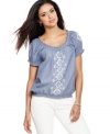 Chic chambray and crafted embroidery create a fashionable yet relaxed look on Style&co.'s peasant top. Wear it with white capris and your favorite sandals!