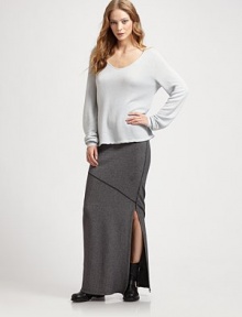 Lengthy, curve-hugging style with allover ribbing and a sassy side slit. Elastic waistband About 43 from natural waist 62½% rayon/18.8% cotton/18.7% polyester Machine wash Made in USA