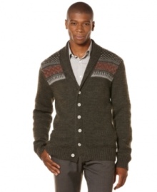 Handsome shawl collar cardigan by Perry Ellis designed with subtle and unique patterns at chest.