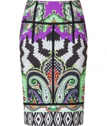 Work an iconic print into your chic workweek separates with Etros vivid paisley print pencil skirt - Black grosgrain trim, hidden back zip, kick pleat - Form-fitting - Wear with solid tops and just as bright accessories