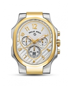 Philip Stein oblong chronograph watch head in two-tone stainless steel features Arabic numbers and 3-eye design.