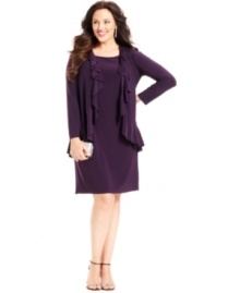 Jessica Howard's plus size dress features a ruffled faux-jacket for a look that's effortlessly polished. Pair with a shimmering clutch and your favorite night-out heels.